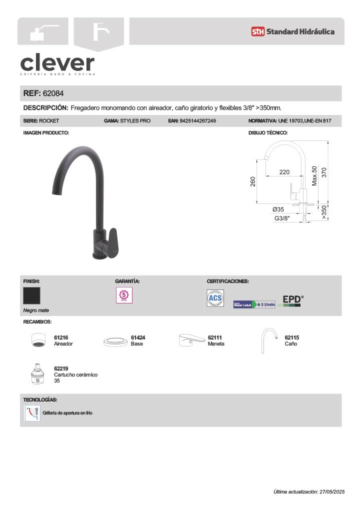 Clever Rocket Cocina 62084 – Grifo Monomando de Cocina en Negro Mate | Caño Giratorio | Apertura en Frío | Cartucho Cerámico 35 mm | Incluye Flexos 3/8” | Diseño Moderno y Resistente