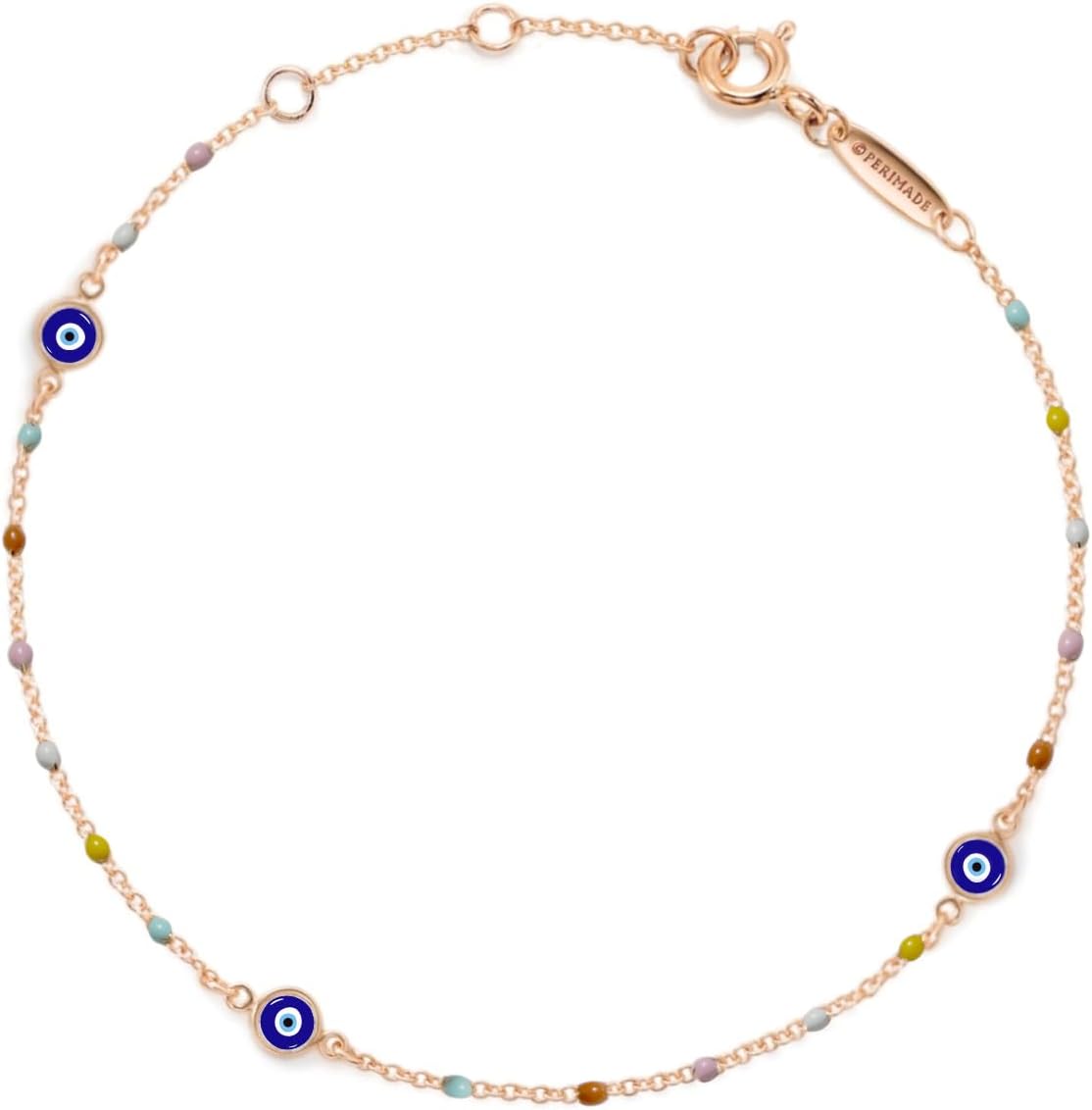 PERIMADE Dainty Turkish Evil Eye Charm Bracelet for Women，18K Gold Plated 925 Sterling Silver Enamel Multi-Color Beaded Evil Eye Chain Bracelet, Trendy Protection Birthday Jewelry Gift
