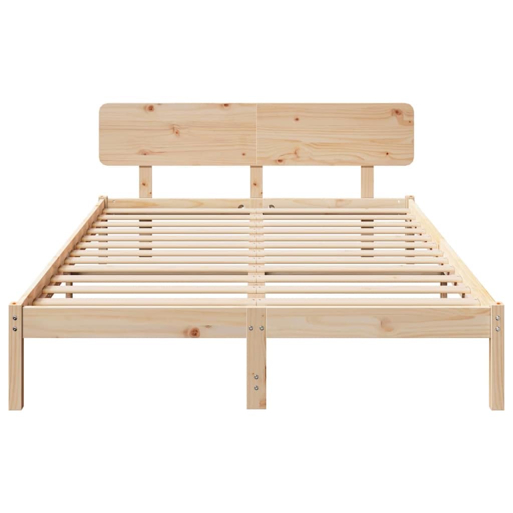 Cadre de lit avec tête de lit naturel 160 x 200 cm en pin massif, lit en bois durable avec cadre stable, sommier à lattes inclus pour un sommeil confortable