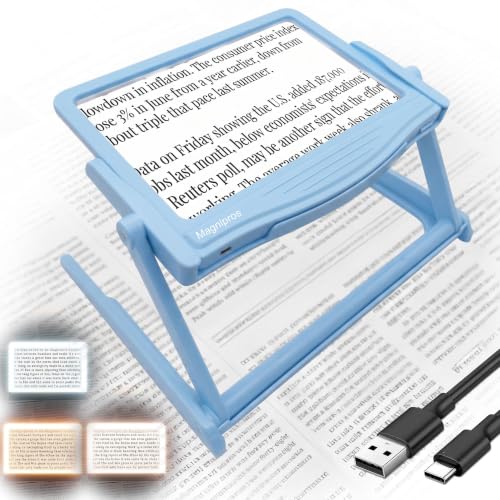 Image of MAGNIPROS 5X Rechargeable LED Page Magnifier with Foldable Stand, Hands-Free Lighted Magnifier with 3 Color Modes, Anti-Glare Lens for Reading Small Print, Low Vision, Seniors, Crafts