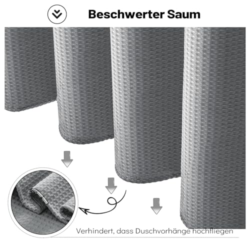 Miniatura 7 de Bttn Cortina De Ducha De Tejido Waffle 120x200 Cm, Estrecha Antimoho Impermeable Resistente Con 8 Ganchos, Moderna Y Lujosa Lavable Decorativa Para Baño, Gris