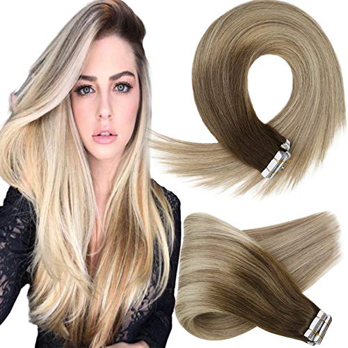 Sunny Real Human Hair Tape Hair Extensions Balayage Human Hair Extensions Tape in Ombre #4 Dark Brown Fading to #14 Mixe