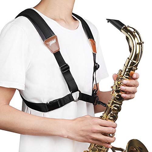 Flexzion Professional Saxophone Shoulder Strap W/Adjustable Chest Harness Design, Soft Padded Sax Holder W/Swivel Metal Hook, Musical Instrument Accessory For Alto Tenor Soprano Baritone Sax, Black #TOP6