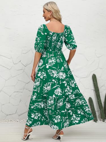 Image of Lyrur Summer Boho Smocked Maxi Dresses for Women Casual Puff Sleeve Square Neck A Line Tiered Ruffle Ankle Length Dress