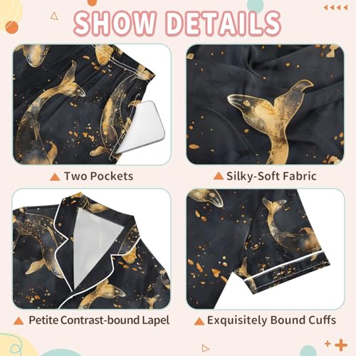 senya Gold Whale Fish Satin Summer Pajama Sets Silk Short Sleeve Button Down Sleepwear3