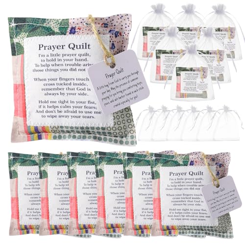 linastu 6 Pcs Mini Prayer Quilt with Cross Inside with 6 Organza Bags Vintage Pocket Scripture Prayer Quilt Squares Sympathy/Encouragement Christian Gifts for Women Clergy Pastor Appreciation