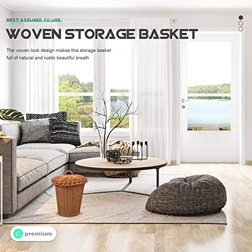 Image of Alipis Imitation Rattan Woven Trash Basket with Lid 12.20X9.64X9.44 Inch Desktop Garbage Bin for Home Office Study Storage Organizer Sundries Container