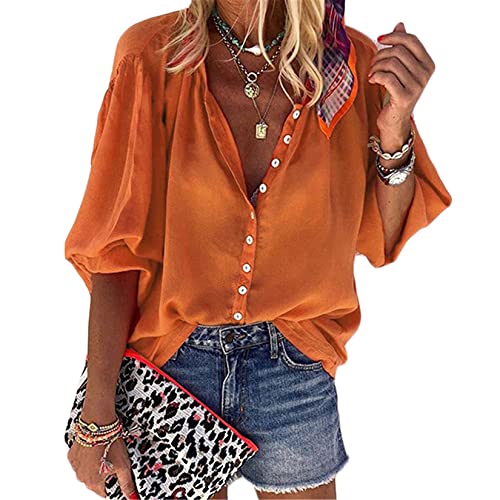 Generic Andongnywell Women s Long Sleeve V Neck Chiffon Blouses Tops Button Down Slim Shirts Tunics Ladies (Orange,Large,)