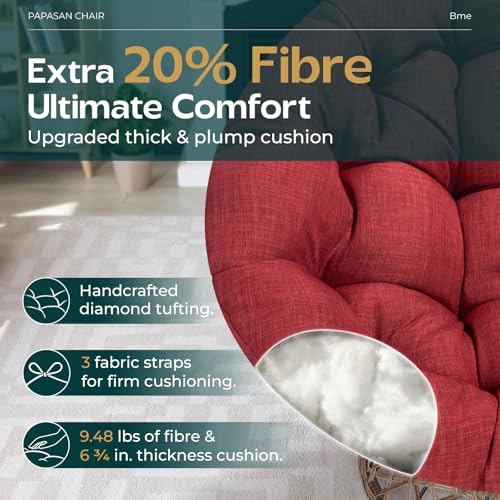 Image of Bme Ergonomic Wicker Papasan Chair with Soft Thick Density Fabric Cushion, High Capacity Steel Frame, 360 Degree Swivel for Living, Bedroom, Reading Room, Lounge, Cherry Sangria - Brown Base