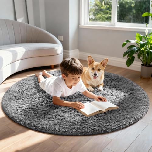 image for Ophanie Round Rug 5Ft Grey Circle Area Rugs, Fluffy Fuzzy Bedroom Carp