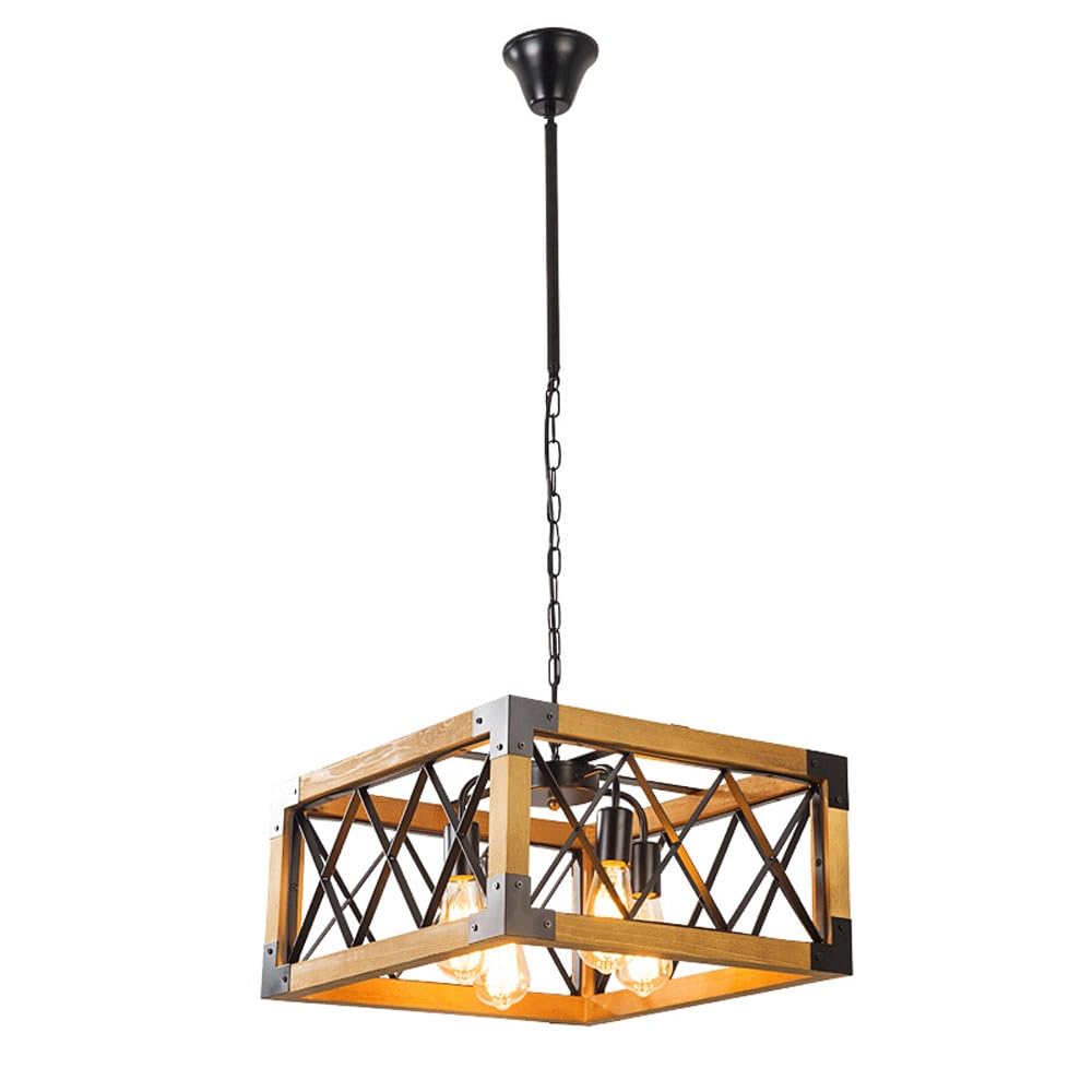 KXEcoLife Industrial Pendant Lamp Iron Metal Square Hanging Light Wood Suspension Lighting Fixture for Kitchen, Dining Room, Barn, Entryway, Restaurant