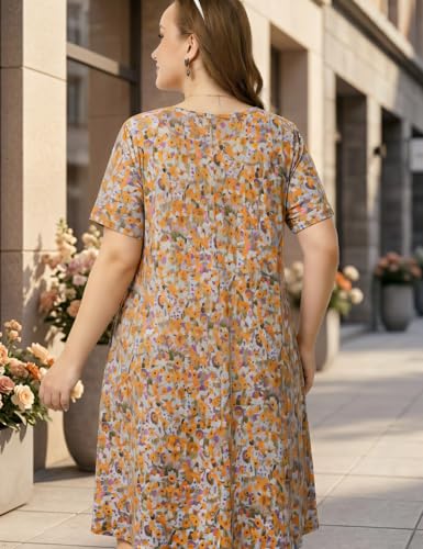 Image of OVERWORETY Womens Short Sleeve Plus Size T-Shirt Dress V Neck Casual Loose Swing A-Line Summer Tunic Dresses with Pockets