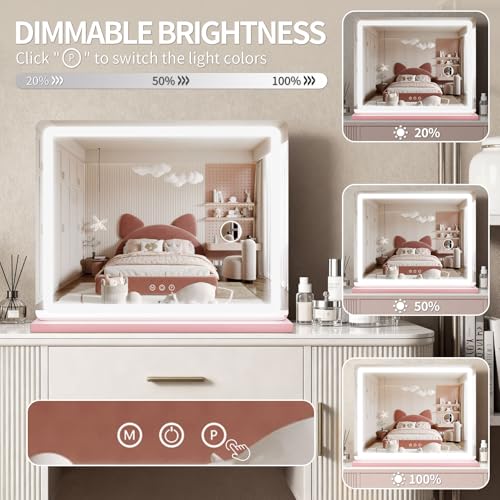 Image of ROLOVE Pink Makeup Mirror with Lights, 23x18 Inch - 3 Color Modes, Dimmable LED Light up Mirror with 10X Magnification - Pink Vanity Mirror Wall&Tabletop Mount for Teen Girls