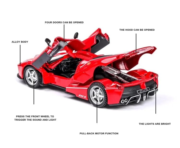 Image of 1:32 Ferrari FXX K Toy Car Diecast Metal Pull Back Car - 4 Openable Doors with Sound & Light | Perfect Toy & Gift for Kids 【Red】