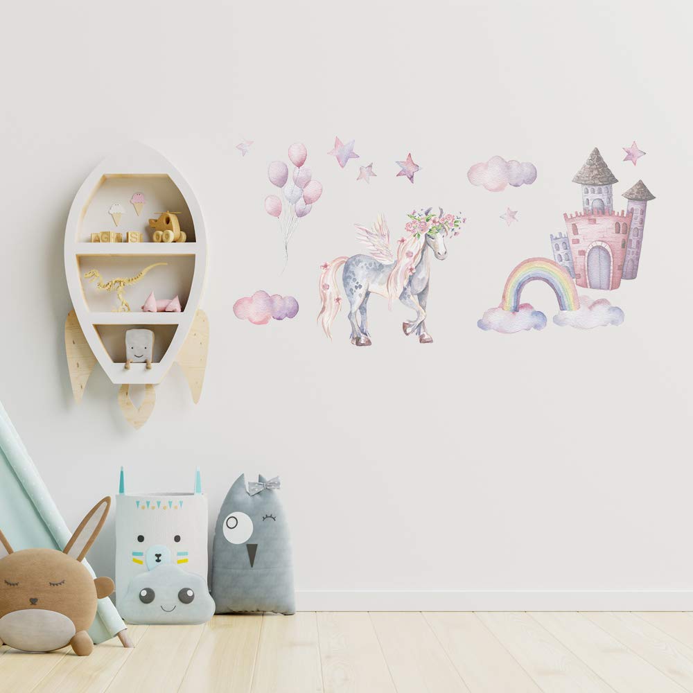 Alwayspon Kids/Girls Room Cute Unicorn Rainbow Cloud Castle Balloon Wall Sticker, Removable Watercolor Wall Decals, Peel and Stick Wall Art Murals for Home Nursery Decoration Living Room Decor