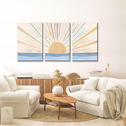 3Pcs Framed Boho Canvas Wall Art Sun Sunrise Yellow Line Pictures Prints Wall Decor Modern Mid Century Rainbow Posters Nature for Living Room Bedroom Bathroom Office Home Decoration12x16inx3 by FEOWE - Used condition - Image 6