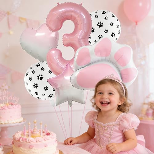 Image of 3rd Birthday Dog Paw Balloons Set,18'' Paw Prints, Heart,Star,Paw Shaped Foil Balloon 40 Inch Pink Number 3 Helium balloons for Puppy Themed Third Anniversary Birthday Party Decorations Supplies 6PCS