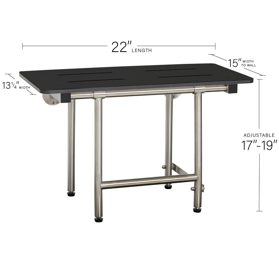 28インチ x 15インチ ブラック 折りたたみ式 壁取り付け ベンチシャワーシート 脚付き ADA準拠 HPフィット DIY・工具・ガーデン  Grab Bar Specialistsによる輪郭チーク折りたたみシャワーシート - 壁取り付け, image size:1089x1089