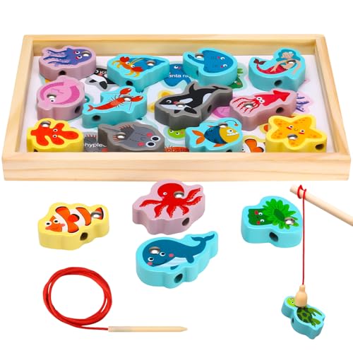 GSrenyu Wooden Fishing Game 19pcs Magnetic Fishing Game for Kids Wooden Montessori Toys with Fish Rod Ocean Animal Games for Toddles Boy Girl Birthday Party Christmas