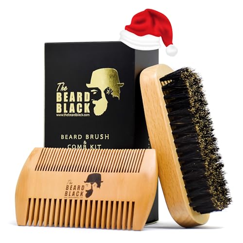 Beard Brush & Comb Set for Men - Natural Boar Bristle Brush, Dual Action Pear Wood Comb, Gift Box & Travel Pouch. Enhances Growth & Styling with Balm Oil Distribution by The Beard Black (Black)