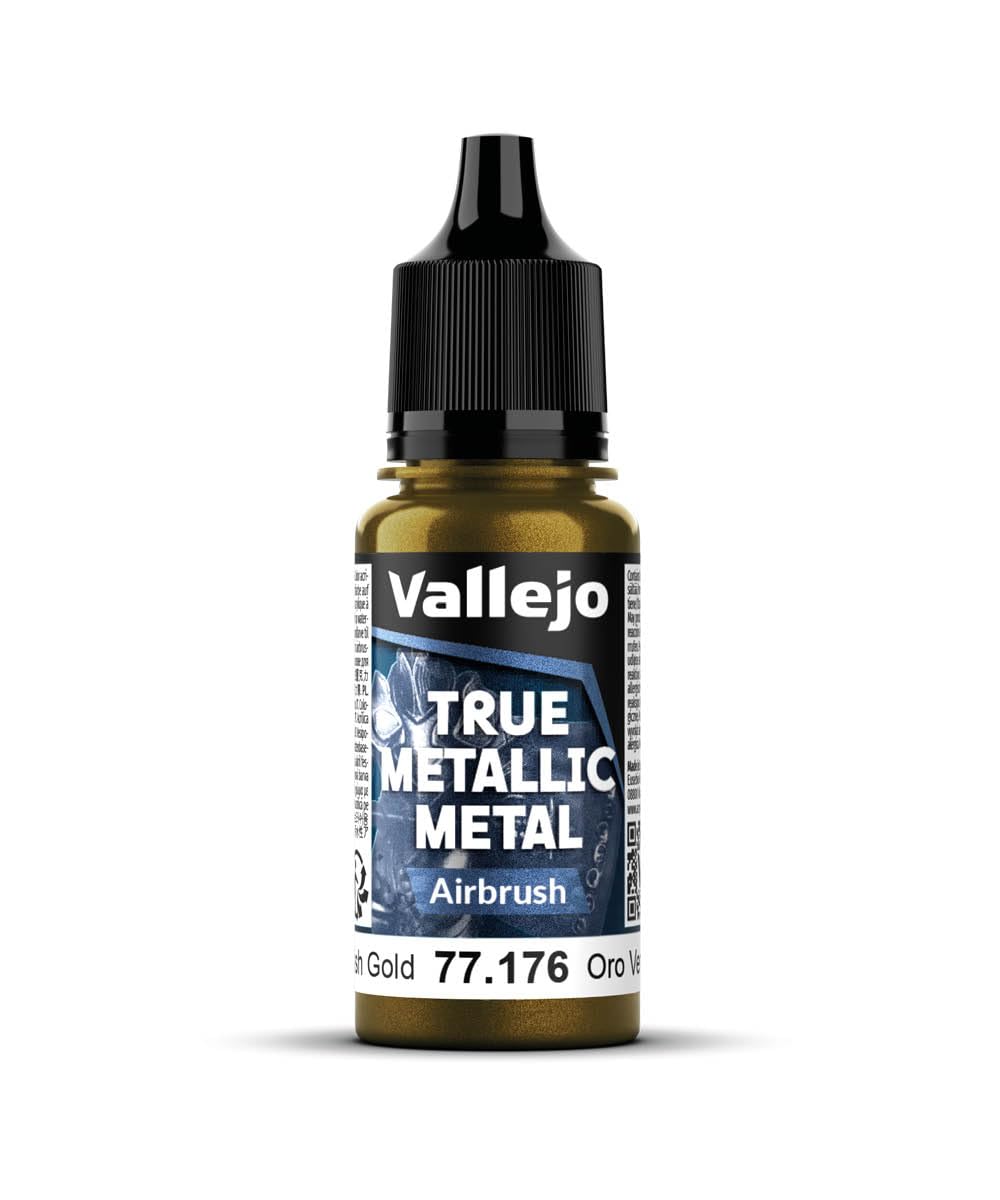 Vallejo True Metallic Paint 176, zielonkawe złoto, formuła aerografu, jednorodne wykończenie, wysoka intensywność kolorów, nie wymaga przerzedzania, 18 ml
