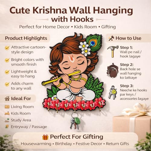 Image of CraftVatika Baby Krishna Wooden Key Holder for Home Decor Items, Key Hanger Wall Mounted Decoration Handicraft Key Chain Stand Wood Keys Organizer 7 Hooks Decorative Items for Home Decor