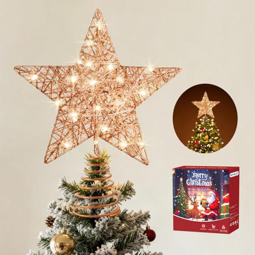 WHOLEV Estrela de árvore de Natal ouro rosa, 25 cm com 20 luzes LED, estrela superior decorativa com brilho, ornamento luminoso de Natal para decoração de casa, festa e escritório