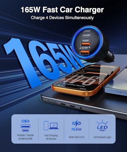 Image of 165W USB-C Car Charger, 4-in-1 Super Fast Charging Cigarette Lighter Adapter, Dual USB-C & USB-A Multi-Port Car Phone Charger Accessory, for iPhone 17 /16 /15, iPad, Galaxy, Tablets and Other Devices