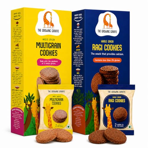 Image of The Growing Giraffe Multigrain and Ragi Cookie- Calcium-Rich Ragi, 5 Whole Grains, No Refined Sugar, No Maida, No palm oil, Nut-Free, Healthy Biscuits with jaggery and butter for Kids & Grown-Up Adults- Pack of 2