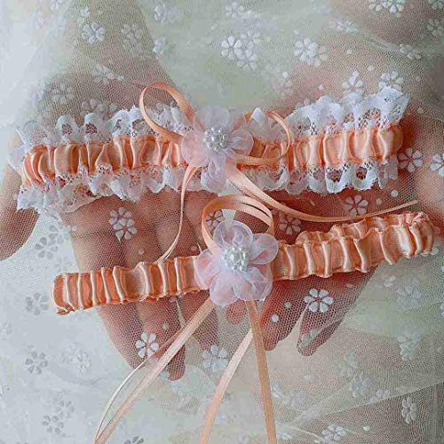 Bride's Wedding Garter With Pearls Lace Bowknot Satin Garter Belt Set 2-Piece,Peach #TOP2