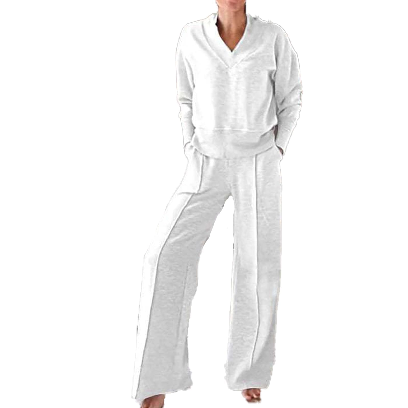 Conjunto de Dos Piezas de Top y pantalón con Escote en V de Color Liso para Mujer, Conjuntos Casuales de Mujer con Pantalones Largos de Pierna Ancha, Conjunto de salón de otoño (S,White)