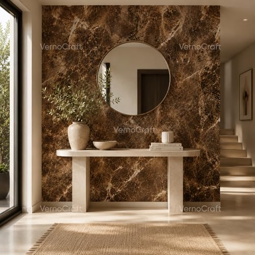 Image of Marble Aluminum Foil Kitchen Stickers Oil-Proof Waterproof Self Adhesive Wallpaper PVC Bathroom Wall Stickers Contact Paper Autumn Brown Marble (Dark Brown) (60CM X 200CM)(Pack of 1)