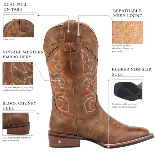 Image of SheSole Women's Cowboy Boots Square Toe Mid Wide Calf Cowgirl Boots Chunky Heel Fashion Western Boots