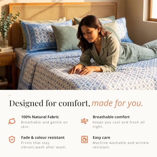 Image of Naksh Queen Size Bed Sheet Cotton | Dusty Blue Lattice Botanical Bedsheet with 2 Pillow Covers | Soft Breathable Blue Printed Bedding Set | Royal Sajawat Collection |