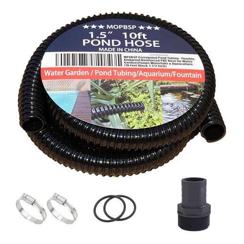 MPOBSP Corrugated Pond Tubing - Flexible Kinkproof Reinforced PVC Hose for Water Gardens Pumps Waterfalls & Aquaculture (10 Feet Black 1-1/2 Inch)