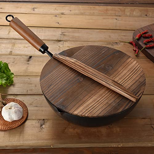 Wok de Hierro Fundido, 12.6 pulg, Fondo Plano, Mango Madera y Tapa miniatura 2