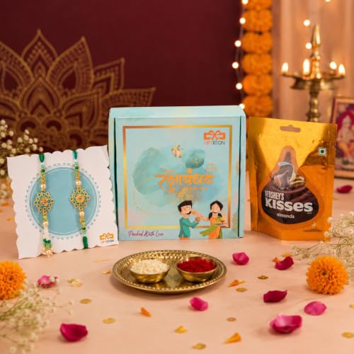 Image of Gifticon Rakhi Set for Brother with Chocolate | Premium Designer Rakhi, Chocolate, Roli Chawal, Greeting Card & Premium Gift Box | Rakhi Hamper for Raksha Bandhan | Evil Eye Rakhis