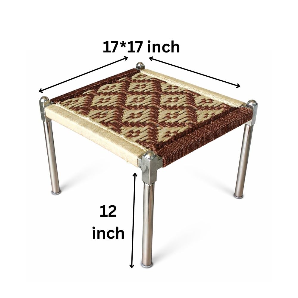 Handwoven Rope Charpai (Khatli) Stool for Home and Outdoor Use with Metal Legs Traditional Low Height Seating for Living Room Balcony Patio and Multipurpose Daily Sitting Needs (Cream & Brown) 4