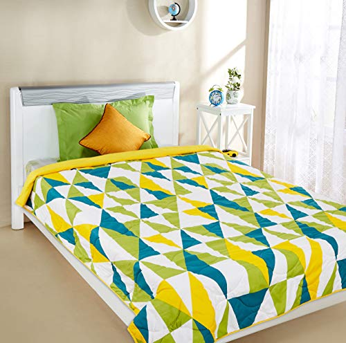 Image of Amazon Brand - Solimo Microfibre Quilt AC Blanket, 120 GSM, Yellow, Single (Argyle Adventures, 150 x 230 cm)