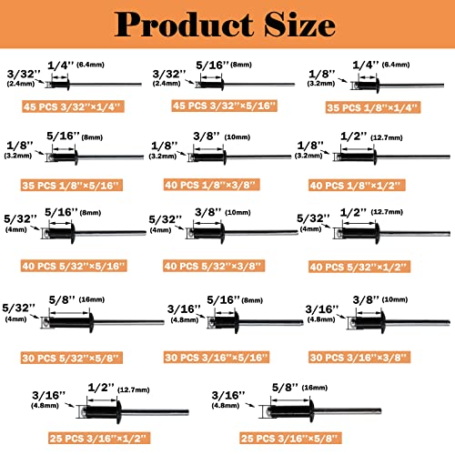 Image of 500pcs Pop Rivets Aluminum Rivets Assortment Kit (3 /32 1 /8 5 /32 3 /16 1 /4 inch),14 Sizes Assorted Blind Rivets for Assembling RV,Furniture and Plastic Frame Windows(Black)