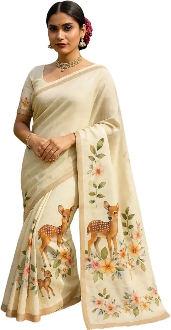Cream Linen Saree with Deer and Floral Digital Print, Gold Border, Blouse Piece Included-picture-49