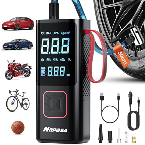 NAPASA Elektrische Luftpumpe 10,3 Bar Akku Luftpumpe Mini 6000mAh & 12V DC Tragbare Elektrische Kompressor mit alle ventile für Auto, Fahrrad, Motorrad, Mit Powerbank, LED-Licht, A