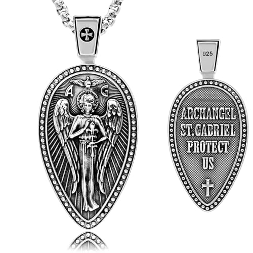 VENICEBEE® Saint Gabriel the Archangel Pendant Necklace 925 Sterling Silver Shield Medal Protect Us Prayer Angel of Revelation Guardian Protection Christian Sacramental Devotional Jewelry Gift