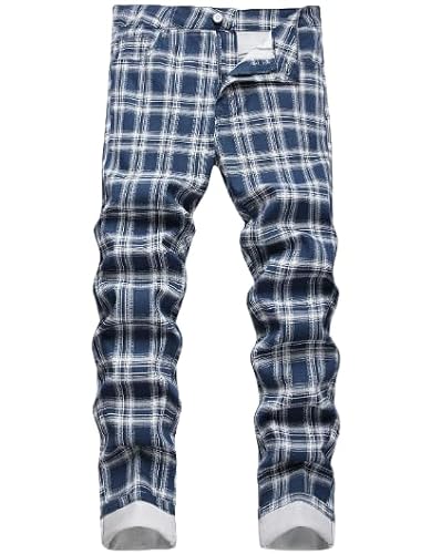 Image of COOSVEN Mens Printed Jeans - Premium Jeans for Men Slim Fit - Skinny Stretch Denim Printed Pants for Men, Blue Plaid, 32