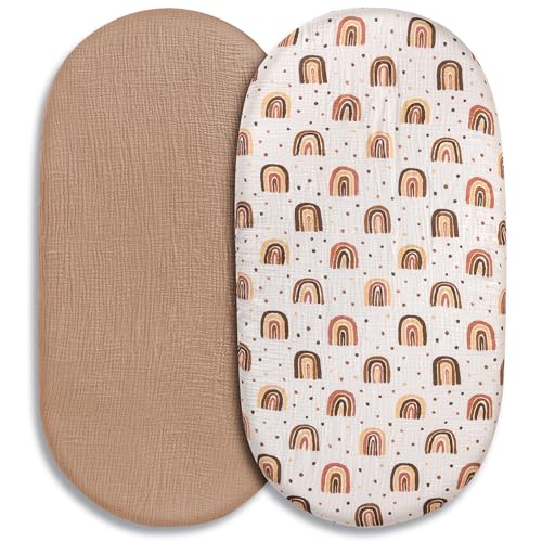 Image of Muslin Bassinet Fitted Sheets, 2 Pack for Baby Boy and Girl, Soft Breathable Stretchy Baby Pad/Mattress Sheet Set, Universal Fit for Hourglass Oval and Rectangle Bassinet Mattress (Cute Rainbow)