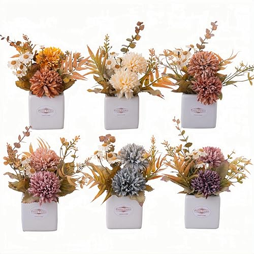6PCS Artificial Fall Flowers with Ceramic Vases – Multicolor Smal...