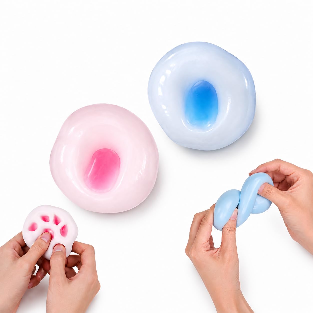 2PCS Crunchy Squishy Stress Balls, Ice Skin Sand Filled Sensory Fidget Toys, Soft Slow Rising Squeeze Balls for Anxiety Relief, Stress Relief Gifts for Kids Teens Adults（blue+pink）