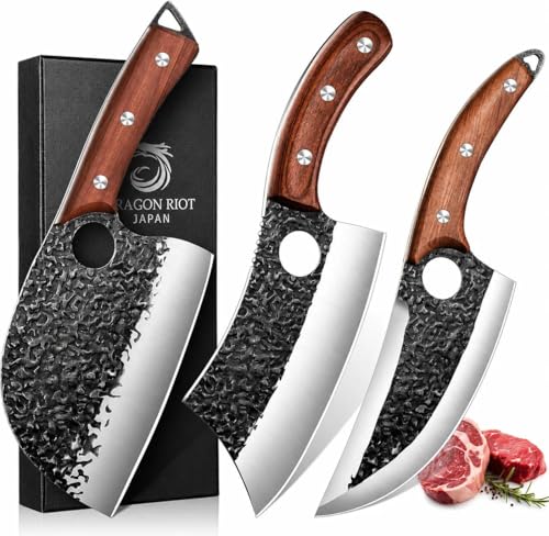 DRAGON RIOT Professional Butcher Knife Set for Meat Processing, 3Pcs High Carbon Steel Hand Forged Serbian Cleaver Chef Knife Set with Ergonomic Handles for Kitchen Outdoor Cooking