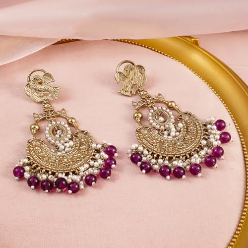 Image of Rubans Chandbali Earrings Kundan Pearl Beads Traditional Wedding Jewellery for Women & Girls