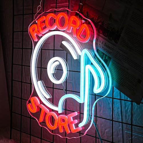 Image of Record Store Neon Sign Music Neon Signs for Wall Decor Letter Neon Light Record Player Sign Live Music Neon Light Sign for Bar Concern Studio Decor(Red white)